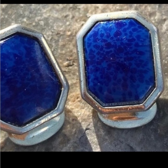 Vintage Christian dior gold faux lapis rectangle button studs clip on Earrings - Picture 7 of 8